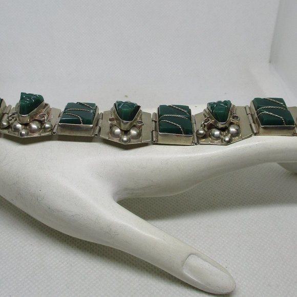 MEXICAN SILVER Green Onyx Tribal Masks Bracelet Gemstone Rectangles Sectional - Picture 8 of 12